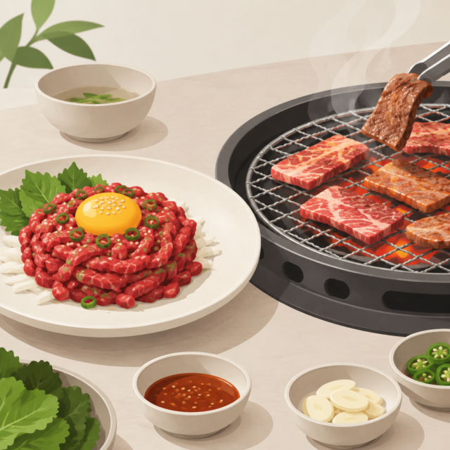 AI 생성 설명 이미지: 안산일동맛집 유니드정육식당 | 육회와 특수부위 구이, 한 끼 구성을 기준으로 고르기